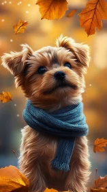 Cozy little pup wrapped in autumn leaves and soft scarf.