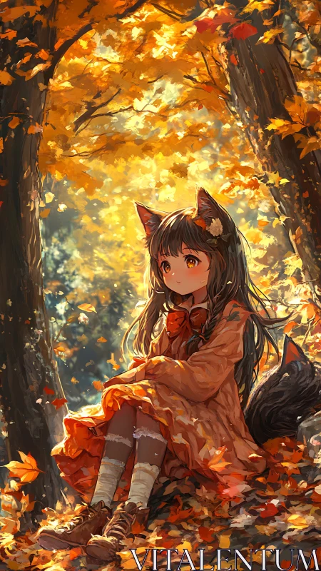 Autumn forest fox-girl portrait in golden falling leaves.