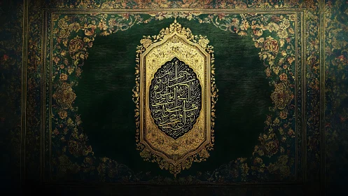 Golden Arabic calligraphy rests in an ornate emerald frame