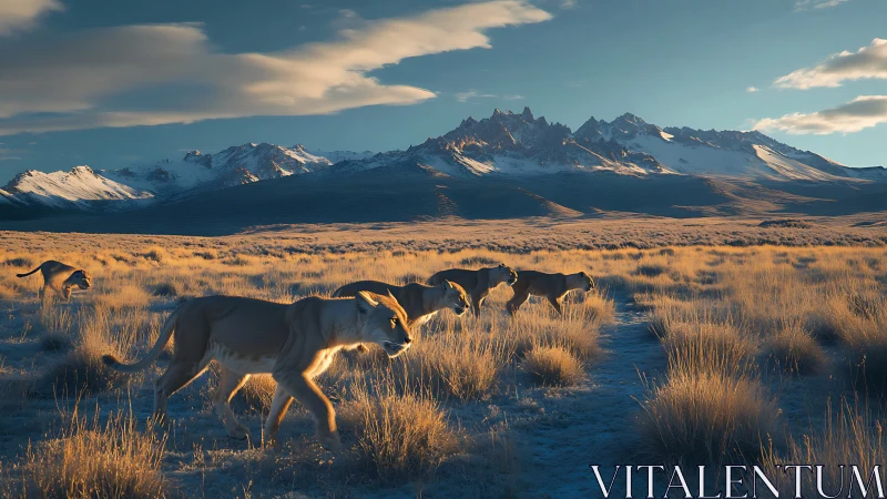 Alpine Wilderness: Guanaco Pack Against Snow-Capped Mountain Range.