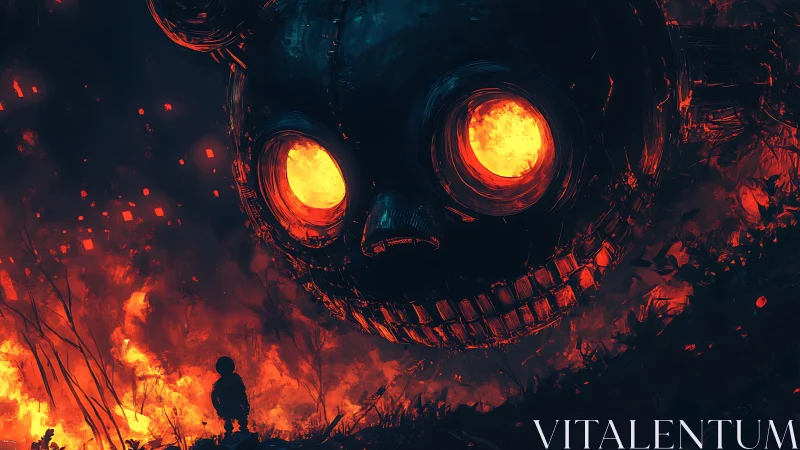 Giant mechanical skull with glowing eyes above burning field.