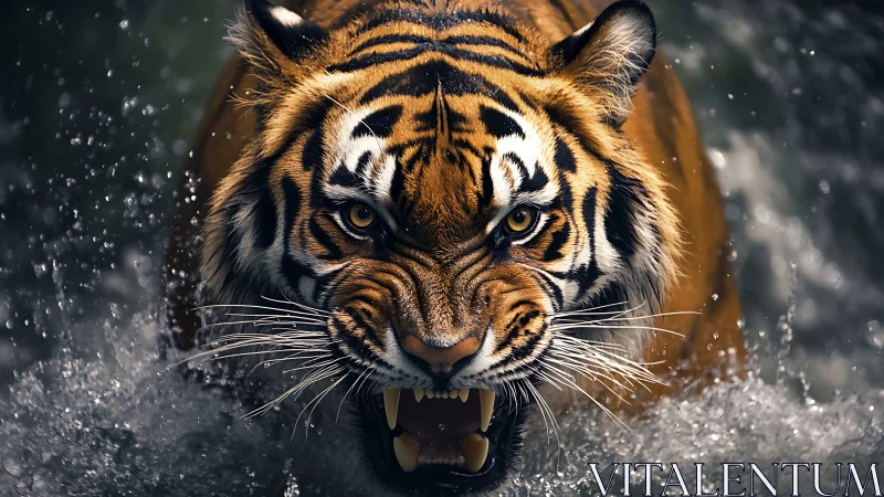 Close frontal view of tiger moving through splashing water.