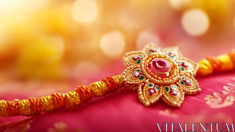 Golden rakhi glow on silk in soft festive light.