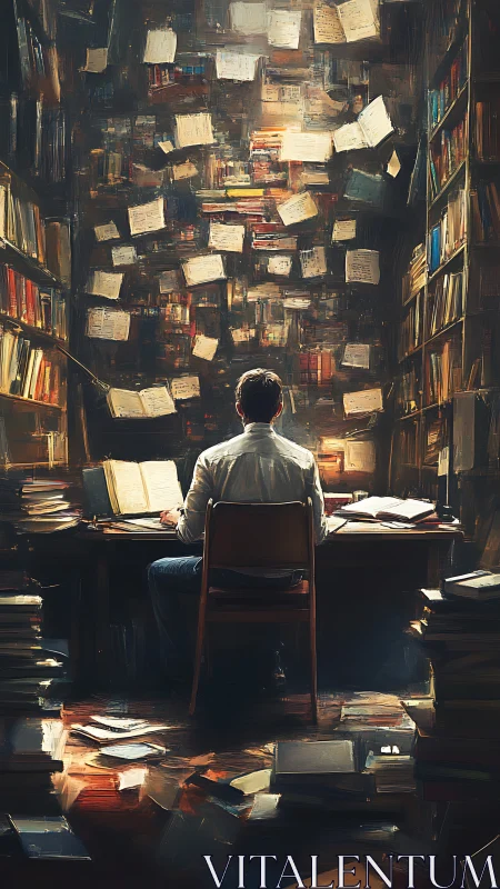 Man in study surrounded by flying pages and tall bookshelves.