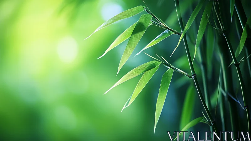 Close-up of bamboo leaves in soft natural light, tranquil style.