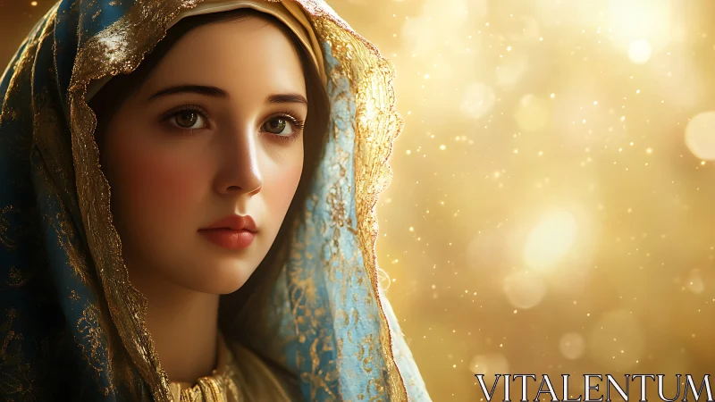 Serene young woman in ornate blue veil against golden glow.