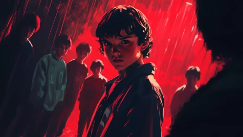 Cinematic adolescent standoff under saturated red backlighting.