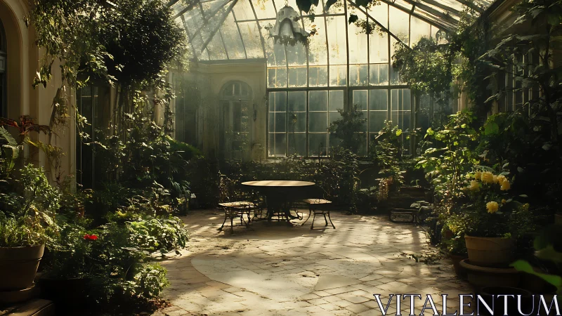 Photorealistic conservatory interior with dappled sunlight illumination.