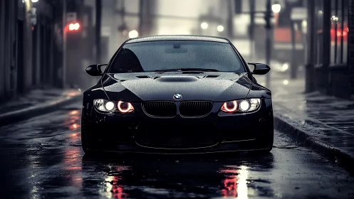 Midnight street predator with neon eyes stalking rainy asphalt.