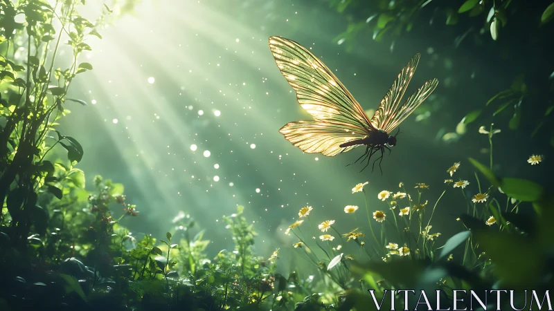 Sunlit forest butterfly drifts through glittering green dust