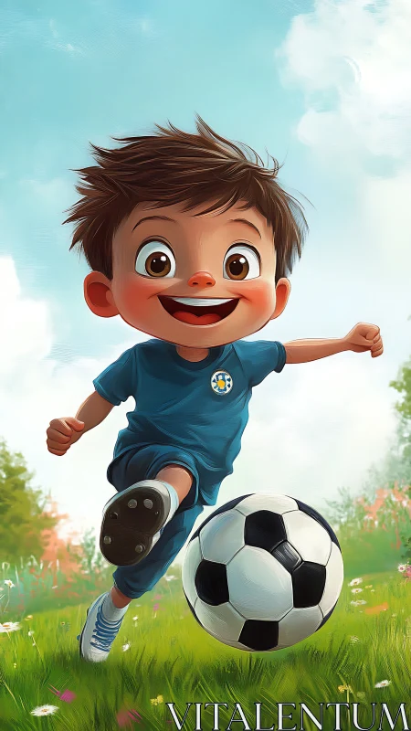 Energetic cartoon boy kicking soccer ball on sunny grass field