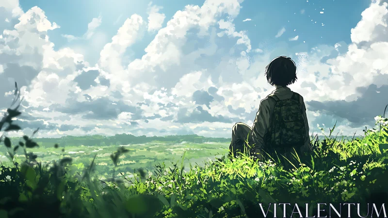 Backlit hiker silhouette studies volumetric clouds and open valley