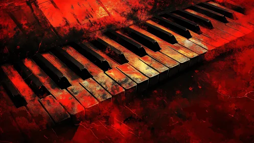 Digital painting of distressed piano keys in red abstraction.