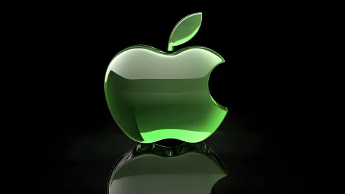 Glossy green apple logo on black background, 3D digital art.