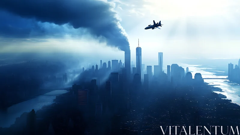 Smoke-veiled skyline under a lone banking jet&rsquo;s cold gaze.