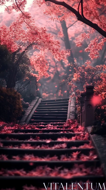 Stone garden stairway ascends under glowing pink maple canopy