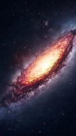 Oblique spiral galaxy rendering with luminous core and dense dust lanes