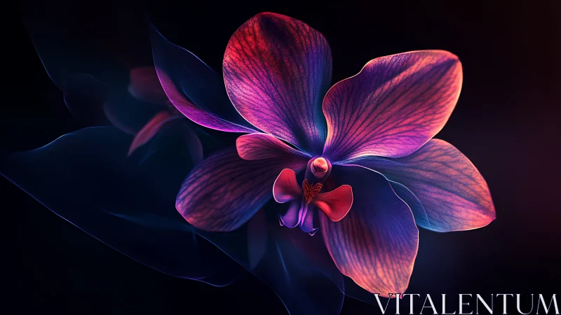 Neon orchid glows against deep black gradient background.