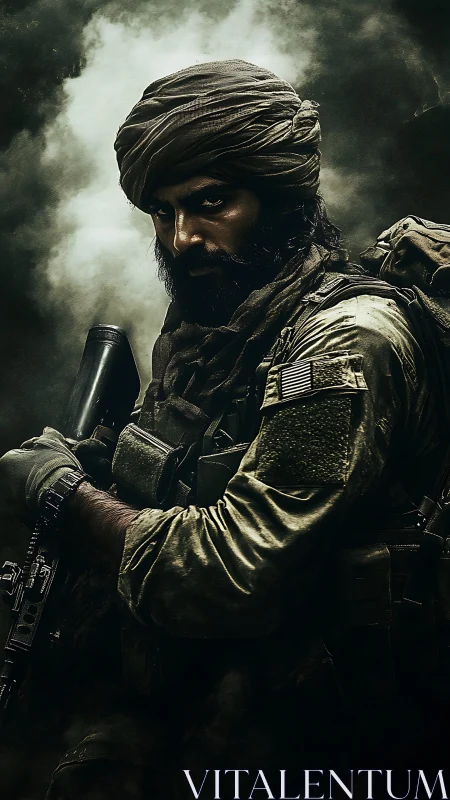 Tactical operator with turban in dense particulate smoke field.