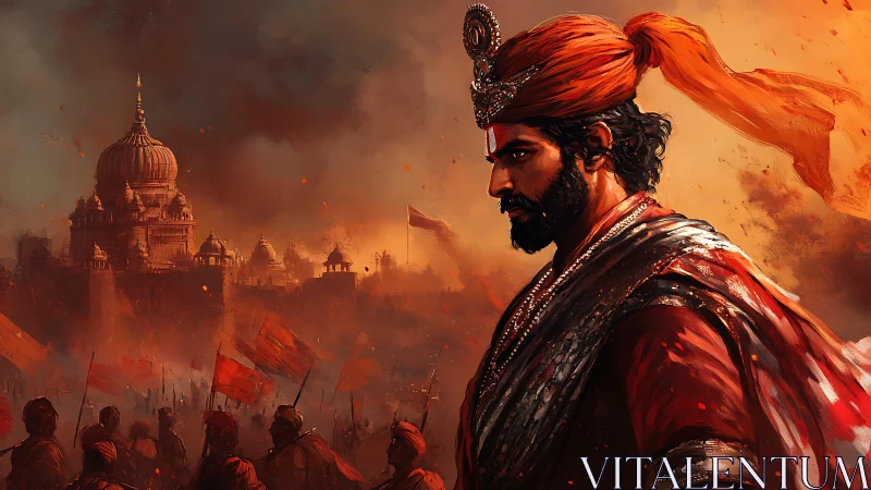 Warrior leader before fortified city with marching army.