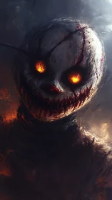 Burning-eyed stitched horror portrait rendered in textured digital paint