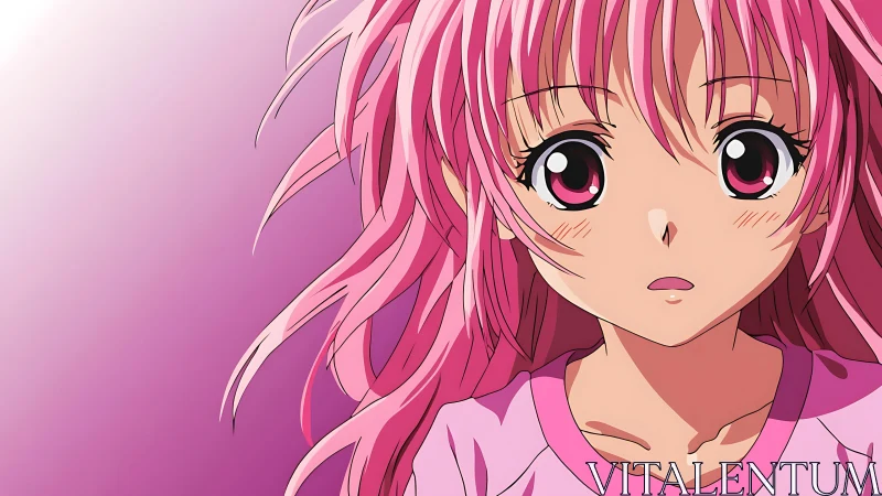 Pink haired anime girl close up on gradient background.