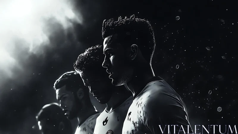 Stormlit football warriors stand poised in cinematic shadow.