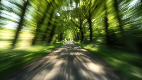 Tree-lined country road with strong motion blur effect.
