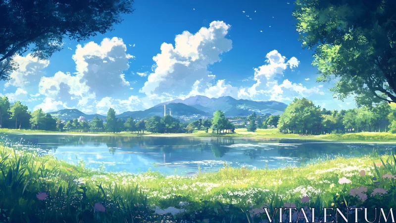 Sunlit lakeside meadow under drifting summer clouds.