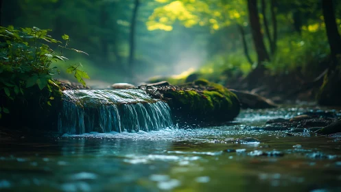Forest Stream Waterfall in Dappled Sunlight.