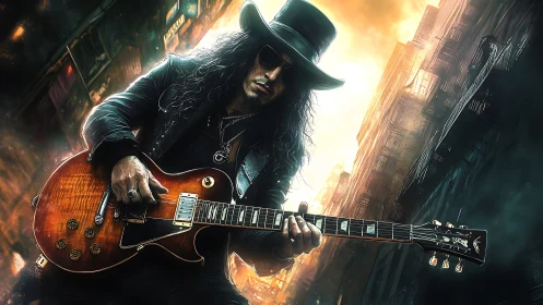 Electric guitarist in dark attire performing in city alley.