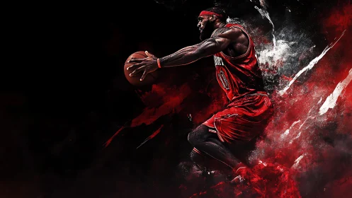 Basketball player in motion with dynamic red paint effects.
