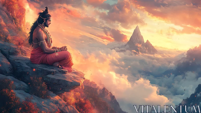 Meditating sage overlooks fiery clouds above sacred peaks