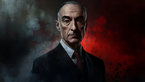 Stern older man in suit against dark red backdrop.