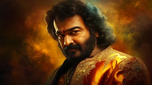 Portrait of bearded man in ornate garment with warm haze.