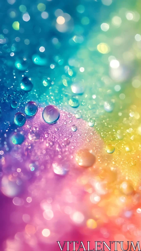Macro view of water droplets on multicolored gradient surface.