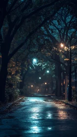 Rain-slicked park avenue reflects moody nocturnal lamplight