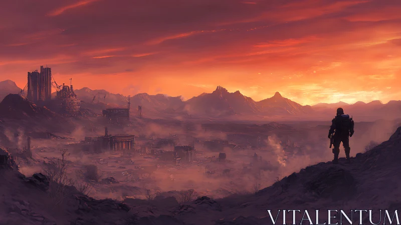 Solitary explorer overlooking burning post-apocalyptic valley.