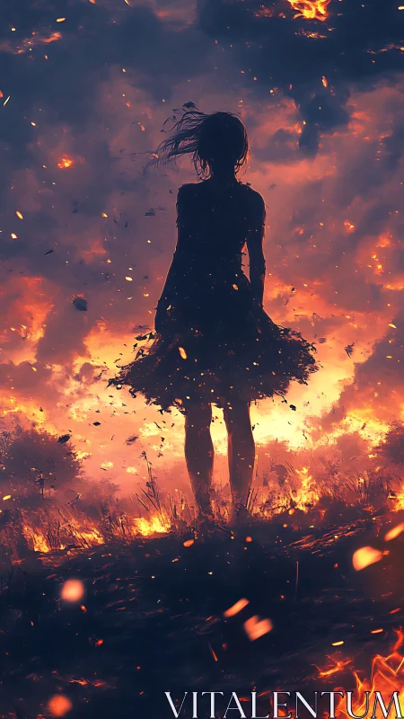 Girl Standing Amid Fiery Inferno Silhouetted Against Burning Sky
