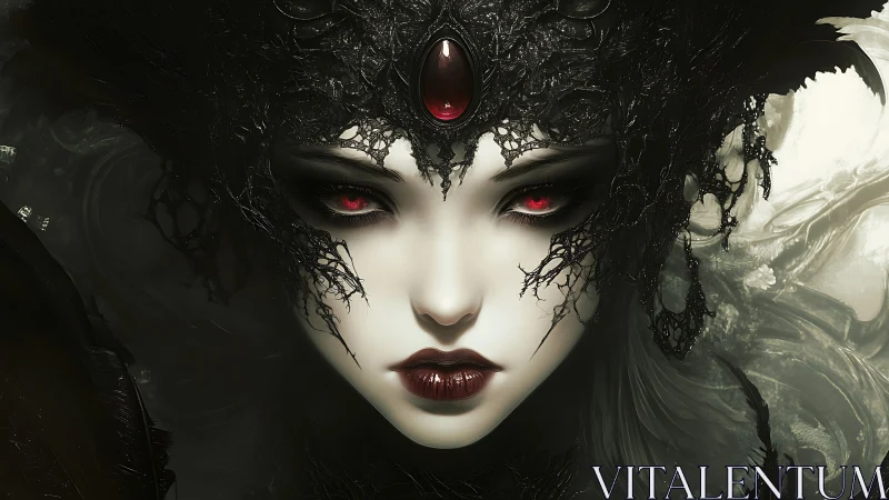 Dark queen&rsquo;s burning gaze pierces swirling shadowed mist.