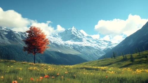 Lonely crimson tree quietly outshines the towering alpine giants