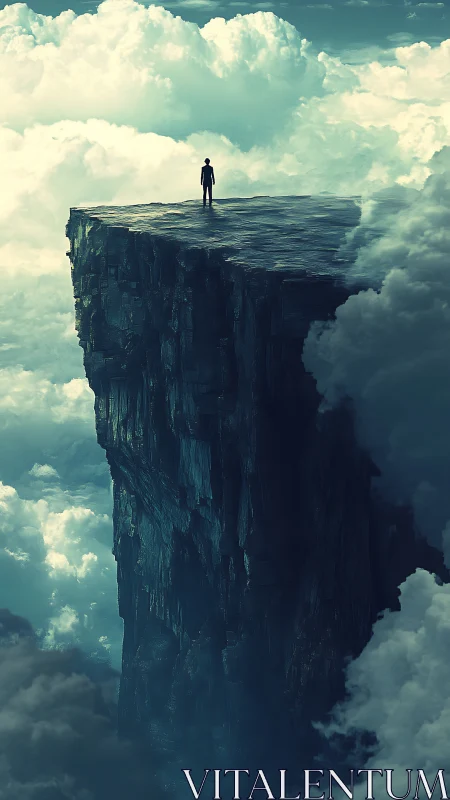 Solitary dreamer stands on a towering cliff above the clouds
