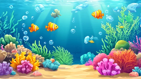 Cartoon clownfish swim above colorful coral reef landscape