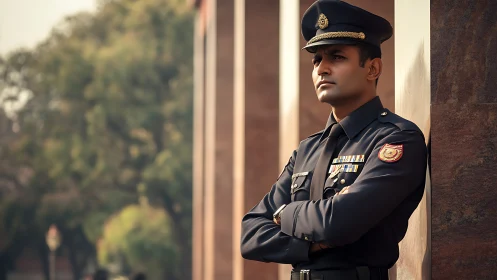 Uniformed security officer standing against stone column.