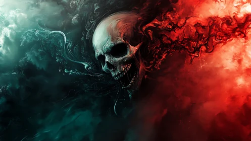 Fiery demonic skull dissolves into swirling red black smoke