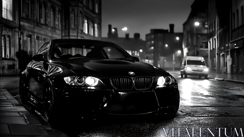 Sleek black BMW coupe glows on wet city street at night.