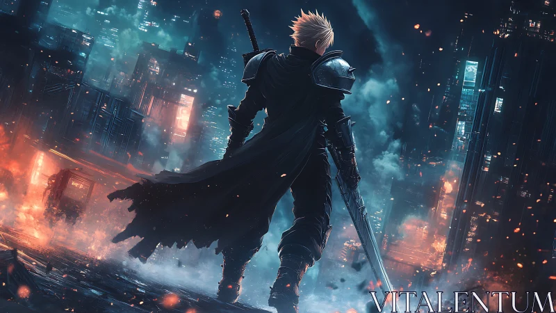 Lone cyberpunk swordsman surveys a burning neon cityscape.