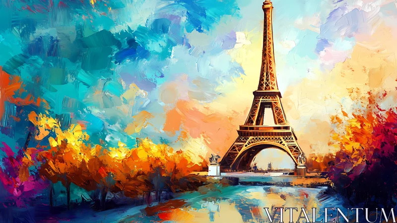 Eiffel Tower landscape in saturated impressionist style.