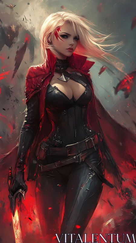 Scarlet-cloaked huntress amid burning ember storm.