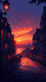 Sunlit riverside cityscape viewed along steep cobblestone street